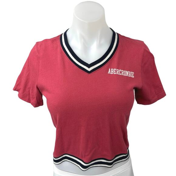 Abercrombie & Fitch Red Black Logo Stripe Short Sleeve Crop T Shirt Tee Top Sz S - Picture 1 of 5